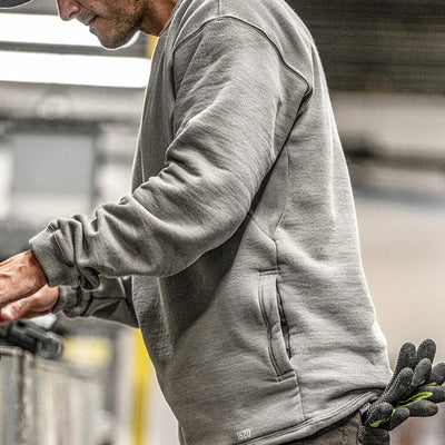 Close up of male worker wearing The Crew Sweatshirt by 1620 Workwear in Grey